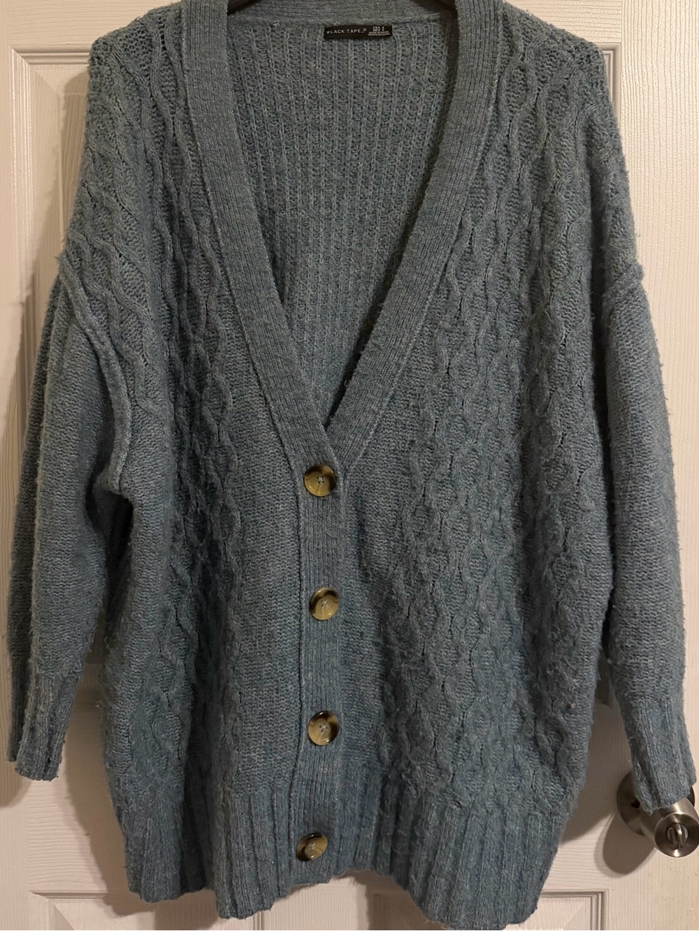 Black Tape_ Oversized Dusty Blue Cable Knit Button-Front Cardigan